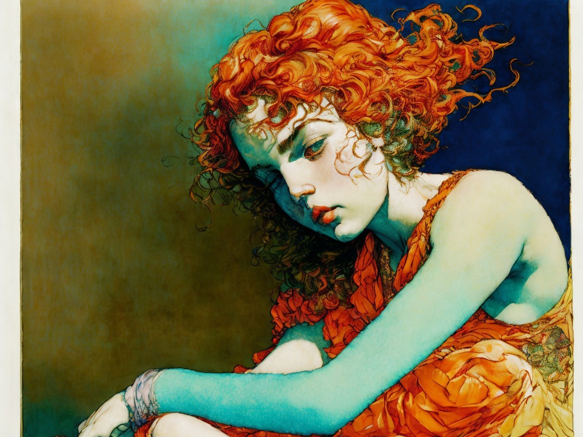 Young woman with red curly hair in contemplative pose