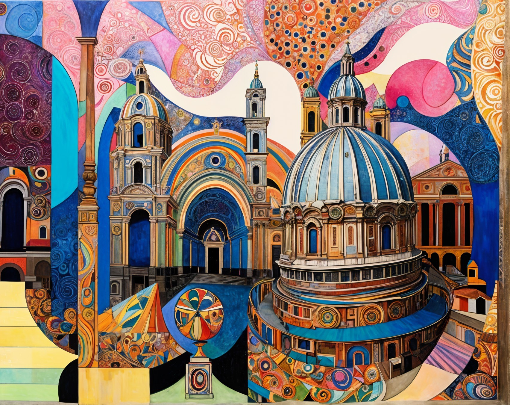 Abstract Architectural Scene with Dome and Colorful Patterns