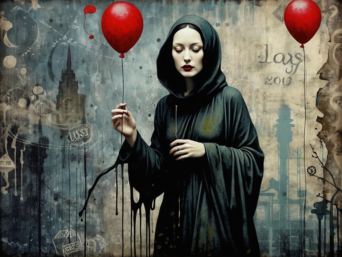 Mysterious Figure with Red Balloons in Dark Cloak