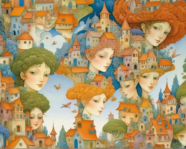 Whimsical Landscape with Colorful Houses and Butterflies