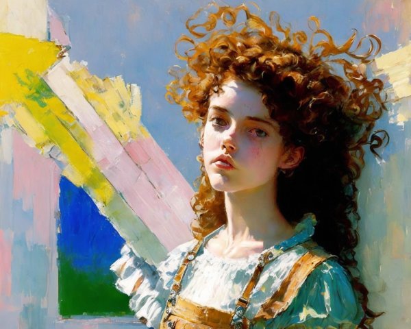 Young girl with curly hair in vintage outfit and vibrant background