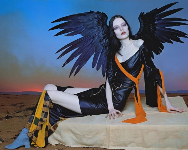 Reclining Figure in Black Dress with Raven Wings