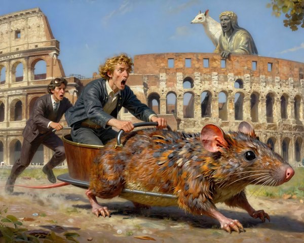 Blonde Man Riding Giant Rat in Front of Colosseum