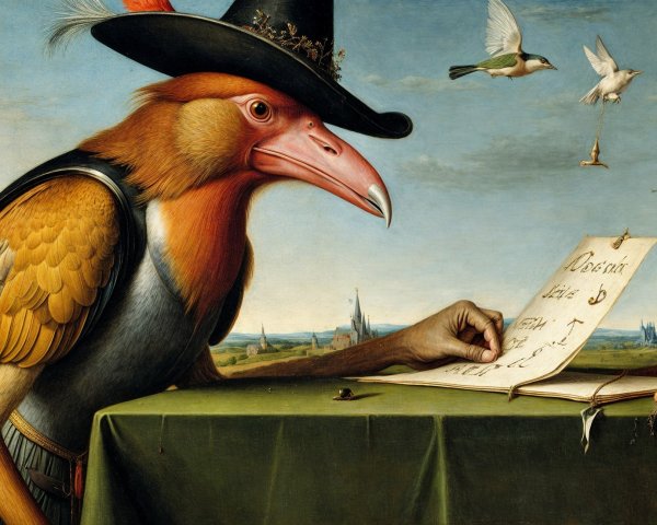 Bird-Headed Figure Writing in a Whimsical Landscape
