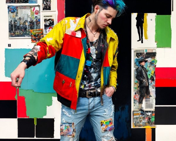 Young man in colorful attire against graffiti wall