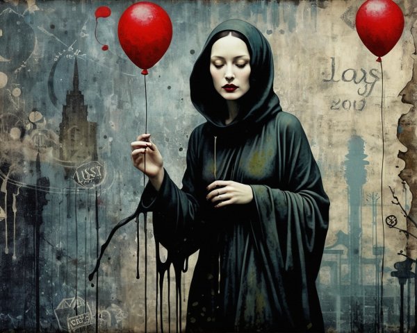 Mysterious Figure with Red Balloons in Dark Cloak