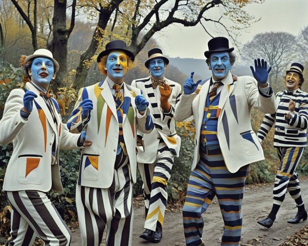 Vibrant Performers in Colorful Suits Amid Autumn Foliage