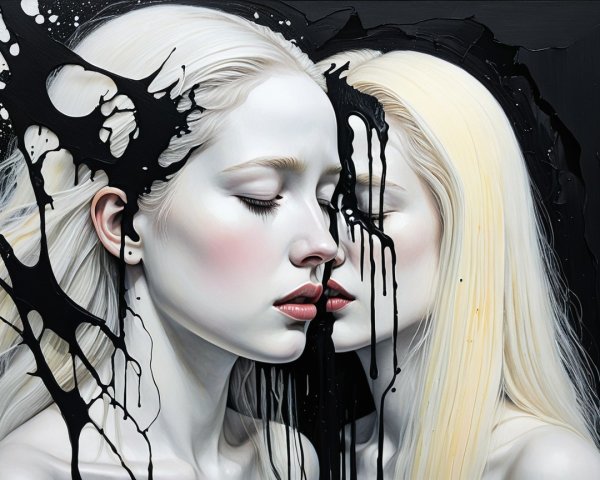 Ethereal Figures with Blonde Hair and Black Paint Drip