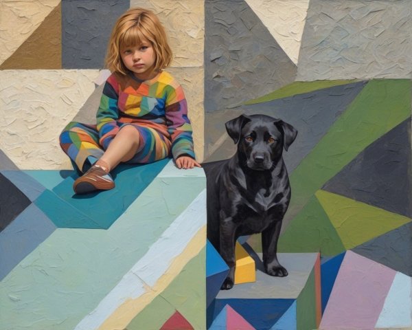 Child in Rainbow Romper Sitting on Geometric Block