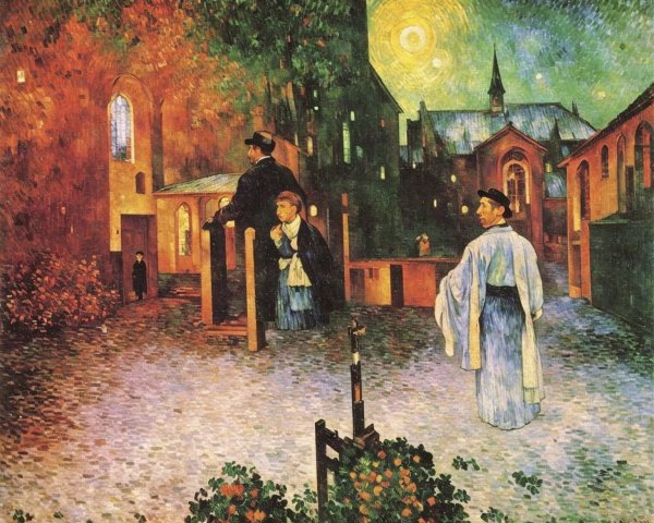 Post-Impressionist Night Scene with Historic Architecture