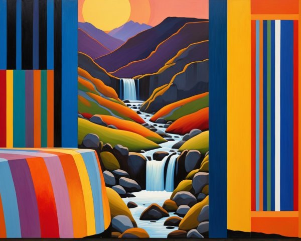 Vibrant Painting of Mountainous River Landscape
