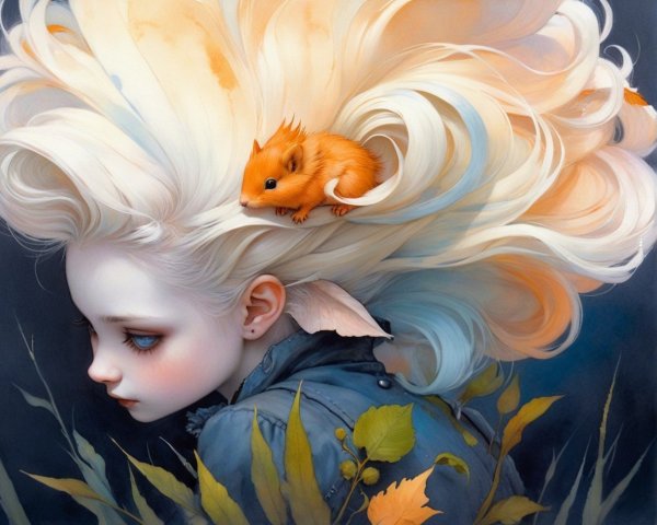 Dreamlike Digital Painting of a Thoughtful Girl and Hamster