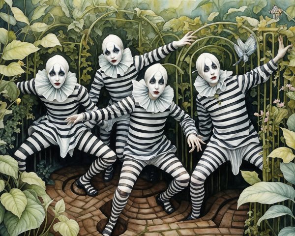 Figures in Striped Costumes Amid Lush Greenery
