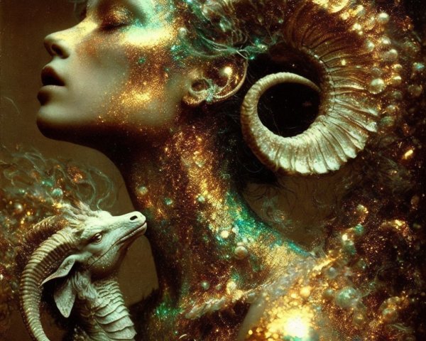 Fantastical Figure with Glittering Skin and Ram Horns