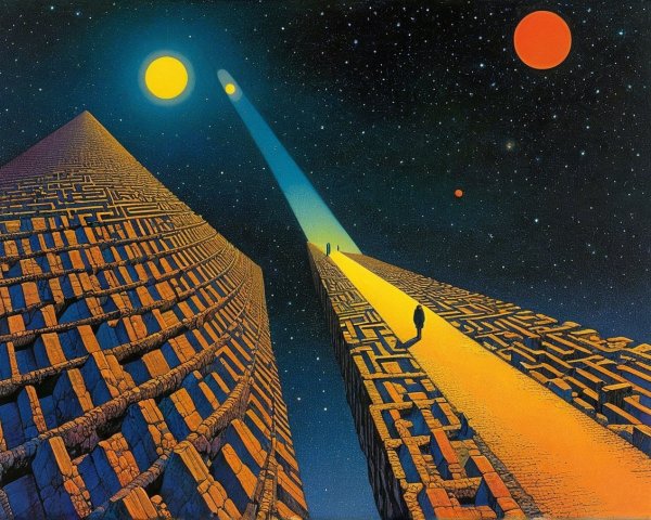 Surreal Cosmic Landscape with Pyramids and Celestial Bodies