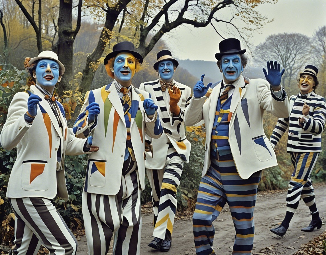 Vibrant Performers in Colorful Suits Amid Autumn Foliage