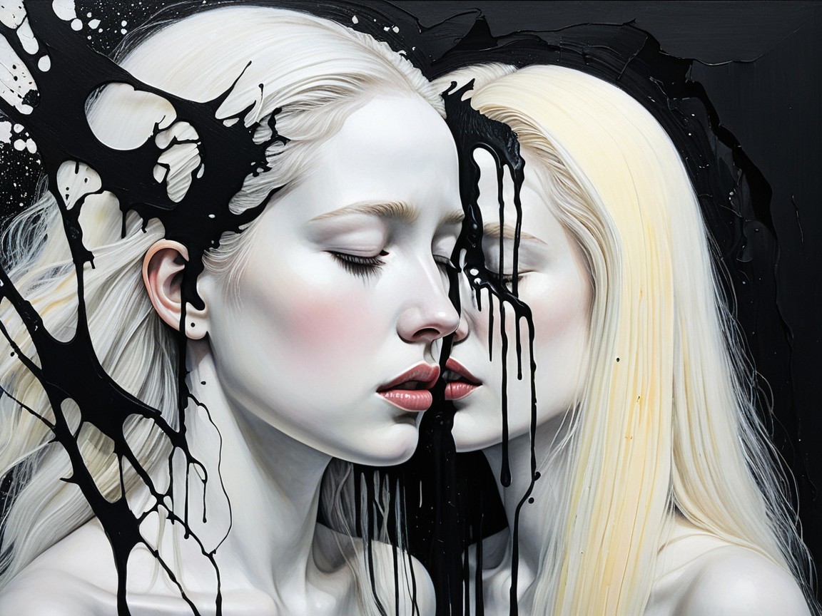 Ethereal Figures with Blonde Hair and Black Paint Drip