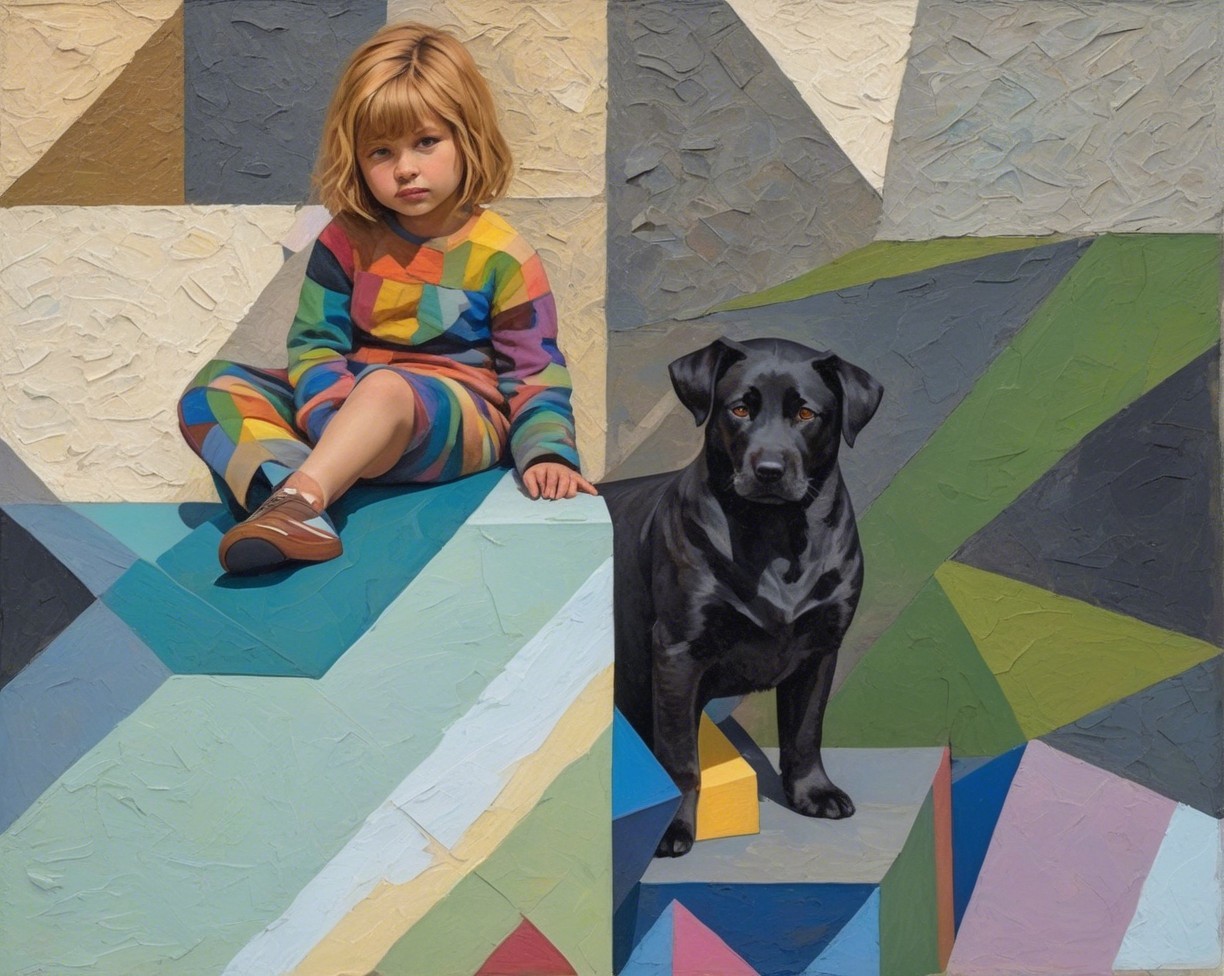 Child in Rainbow Romper Sitting on Geometric Block