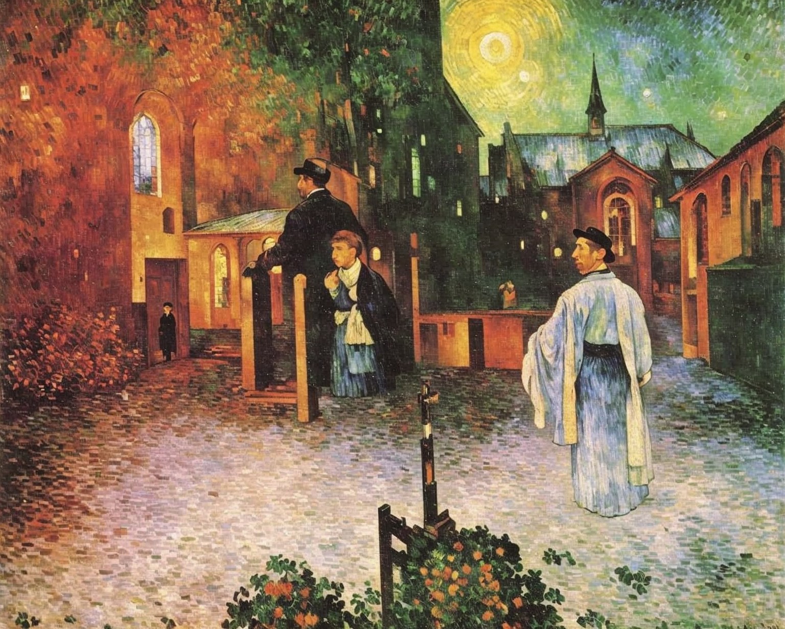 Post-Impressionist Night Scene with Historic Architecture