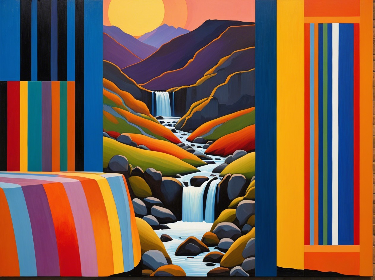 Vibrant Painting of Mountainous River Landscape