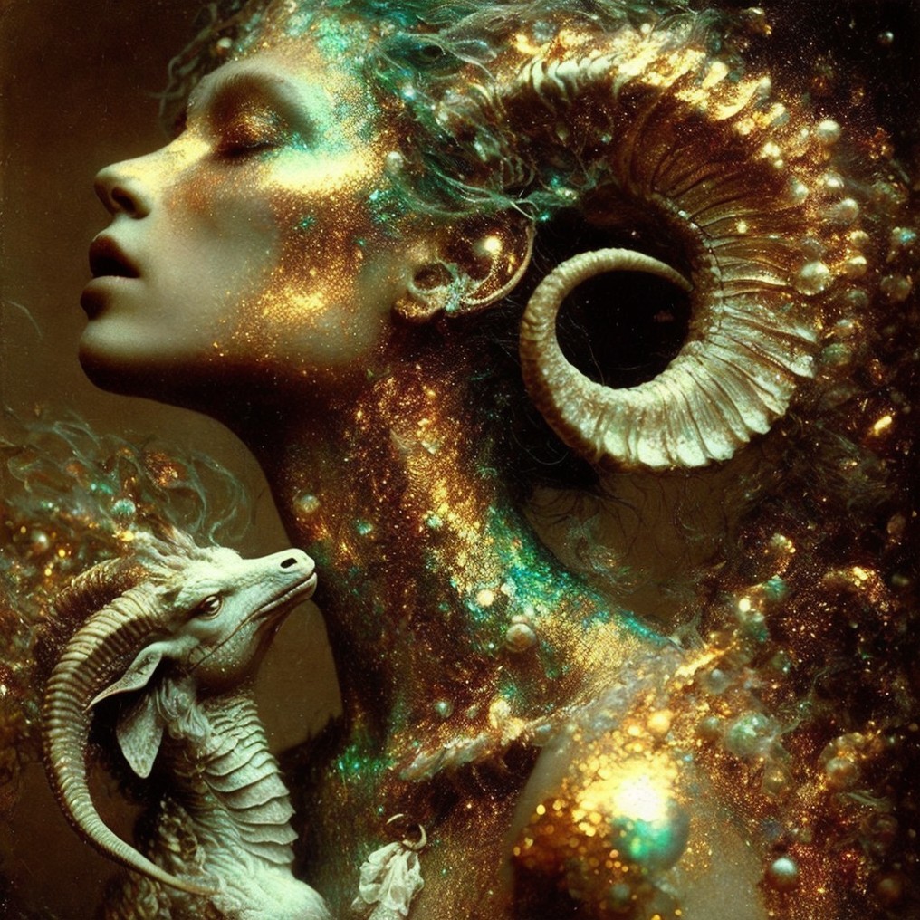 Fantastical Figure with Glittering Skin and Ram Horns