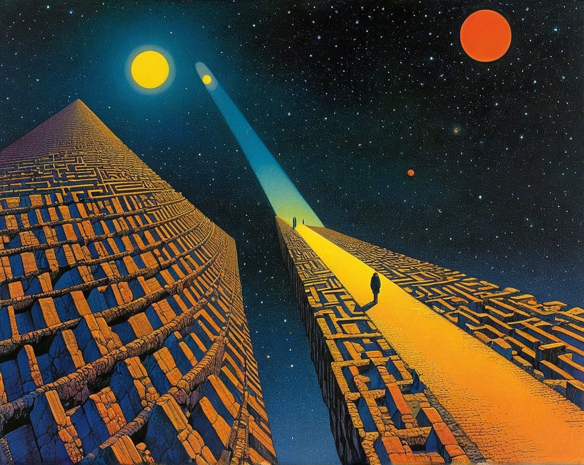 Surreal Cosmic Landscape with Pyramids and Celestial Bodies