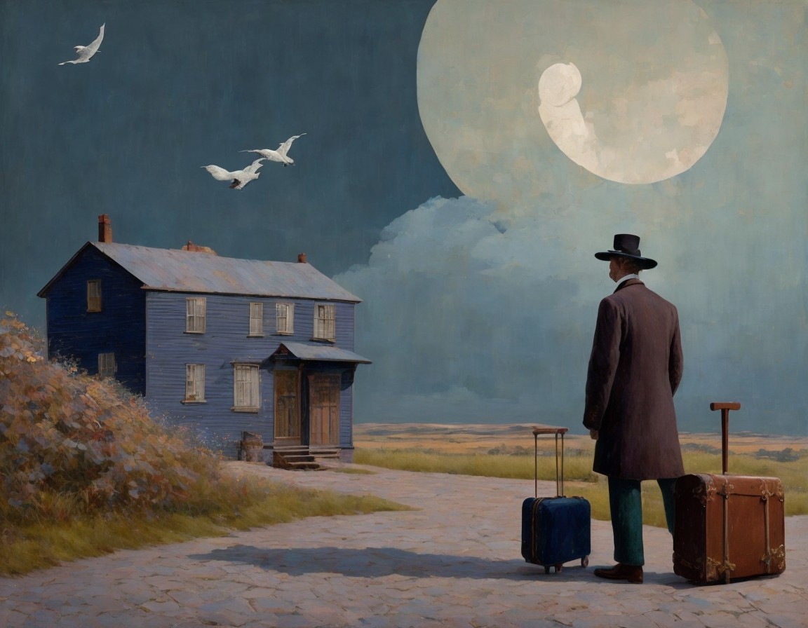 Solitary Figure on Path with Blue House and Moon