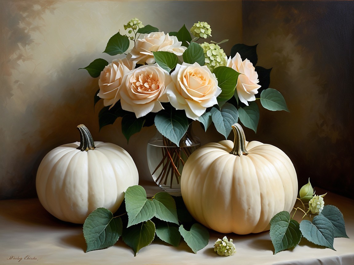 Soft Peach Roses and White Pumpkins Still Life