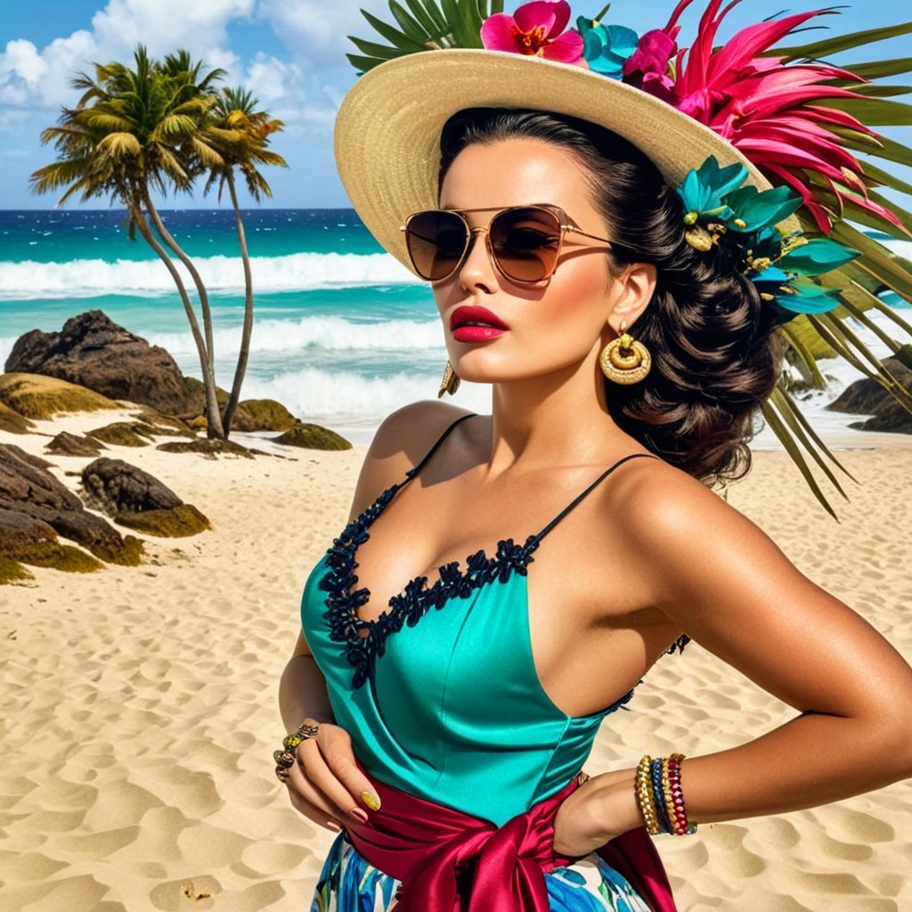 Glamorous Woman in Turquoise Swimsuit at Beach