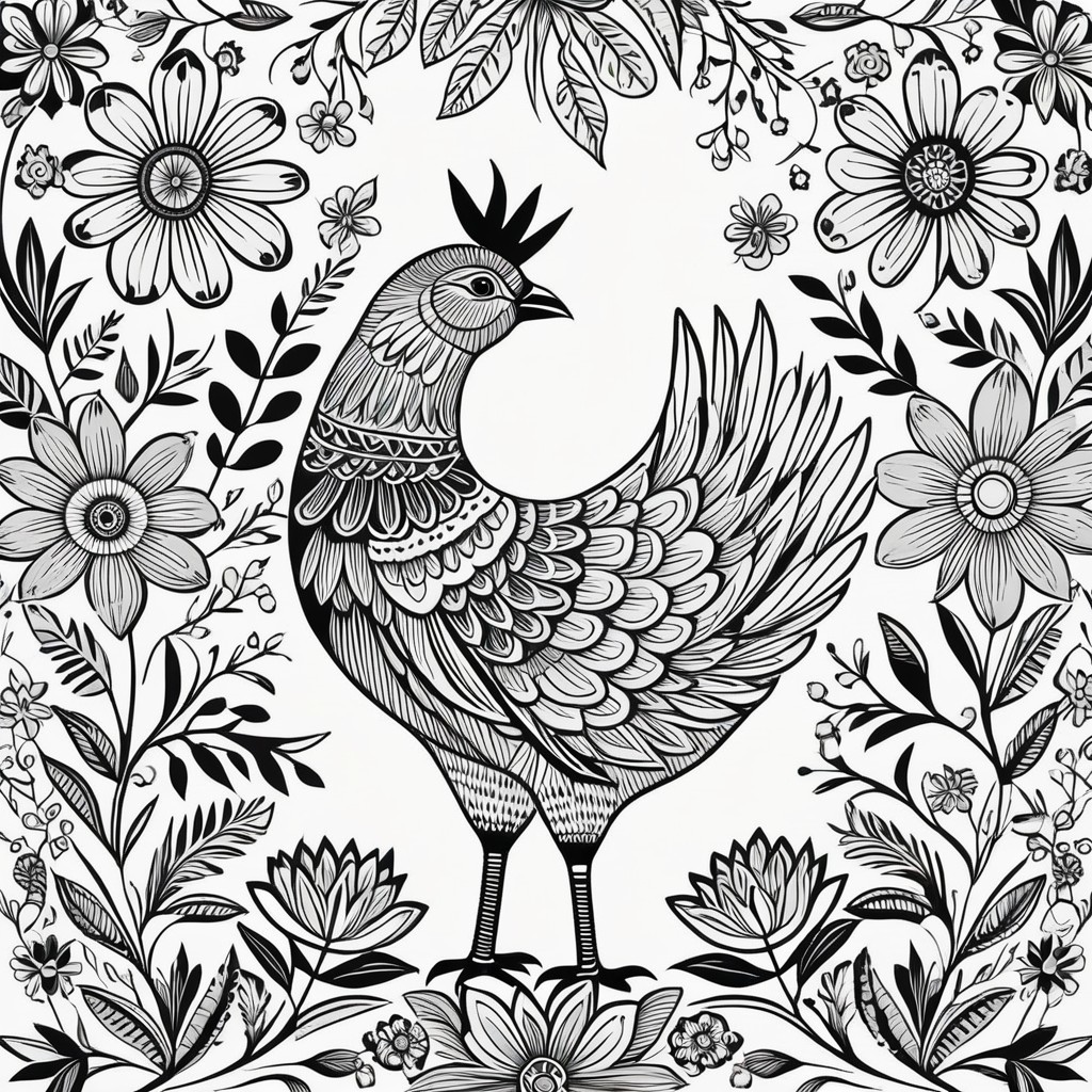 Intricate Black and White Illustration of a Chicken
