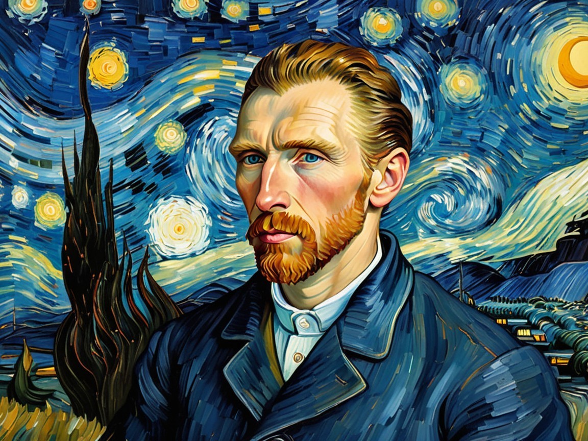 Self-Portrait with Night Sky and Contemplative Expression
