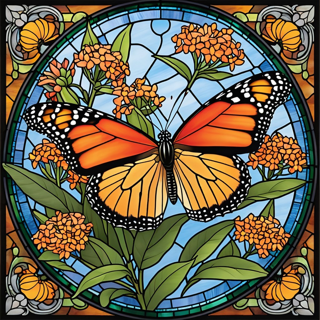 Vibrant Stained Glass Monarch Butterfly and Flowers