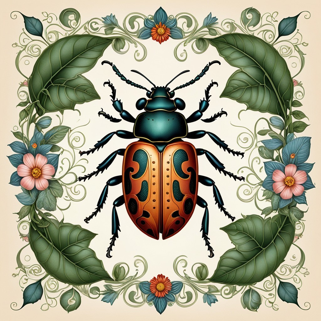 Vibrant Beetle Surrounded by Leaves and Flowers