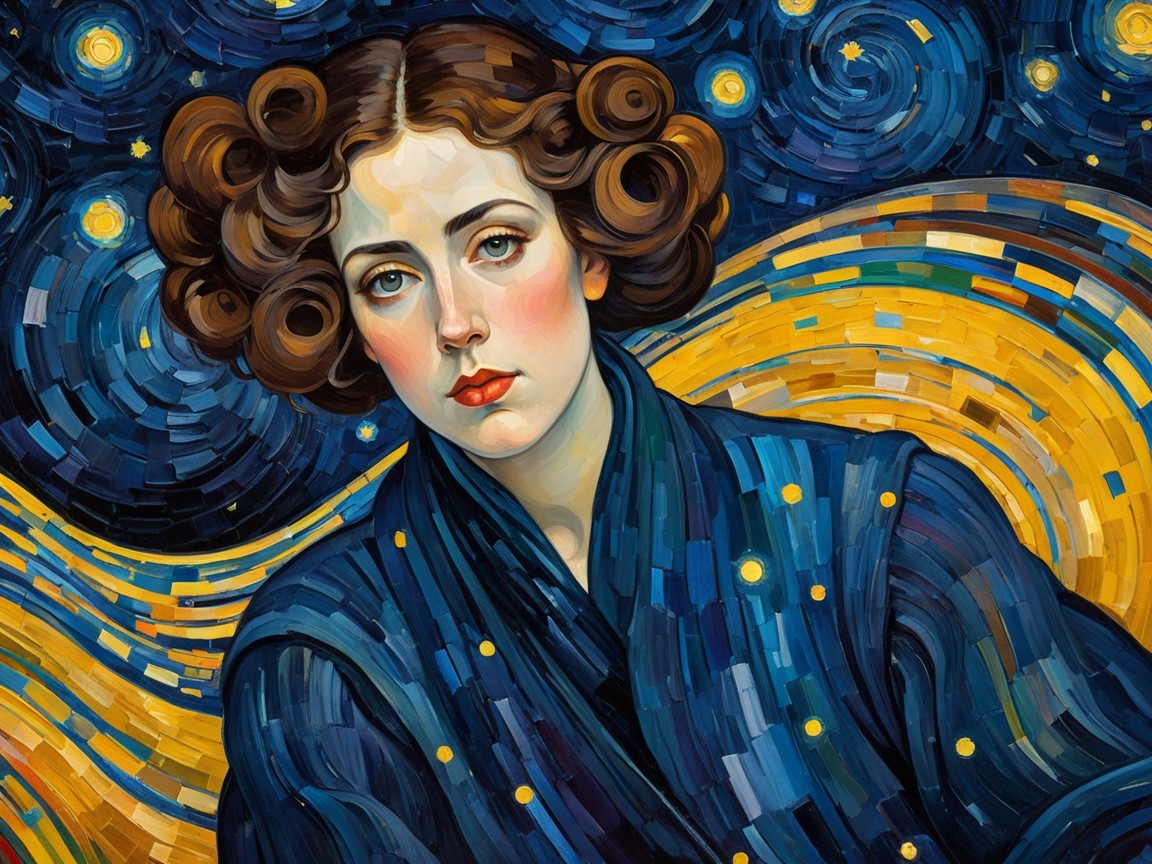 Stylized Portrait of Woman in Blue Robe with Stars
