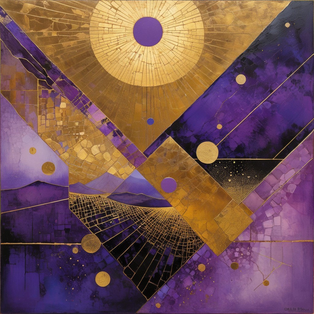 Vibrant Geometric Artwork with Gold and Purple Colors