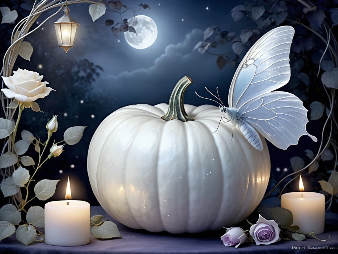 Moonlit Scene with White Pumpkin and Ethereal Elements