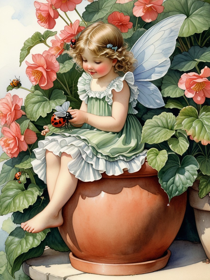 Whimsical Fairy Girl on Flowerpot with Geraniums