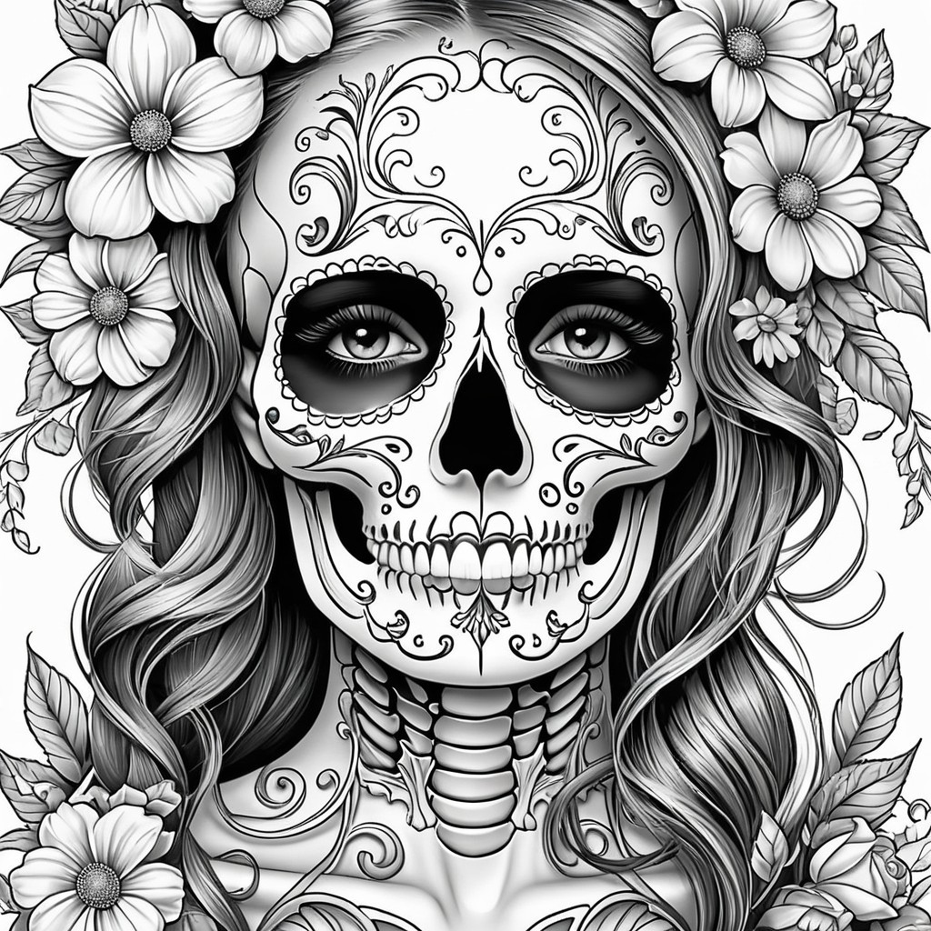 Intricate Day of the Dead Skull with Floral Designs