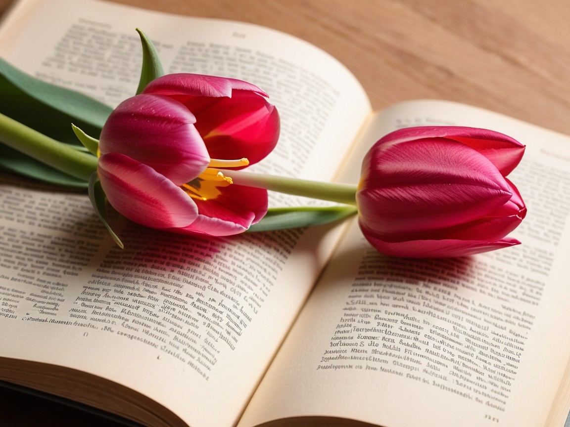 Close-up of Pink Tulips on Open Book Pages