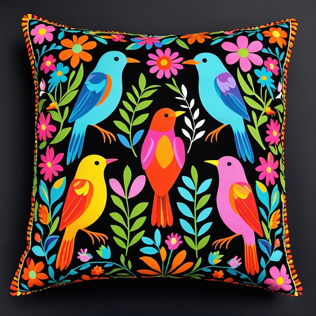 Vibrant Pillow with Stylized Birds and Floral Design