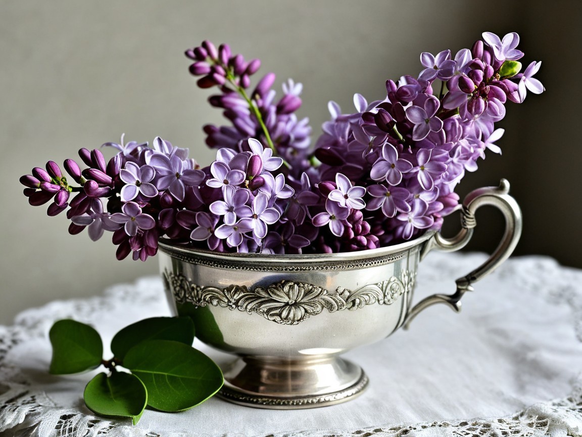 Silver Cup with Lilac Bouquet on Lace Doily
