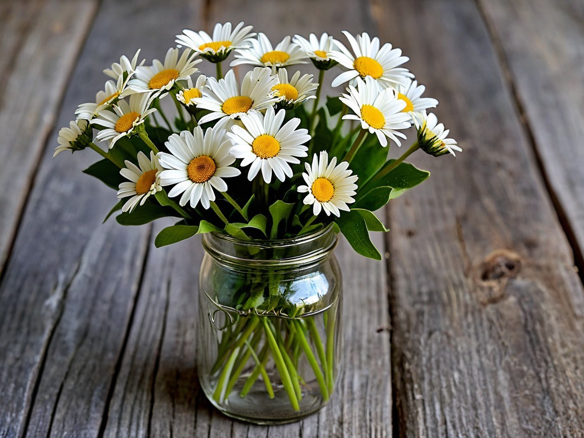 White Daisies in Mason Jar on Rustic Wood Background