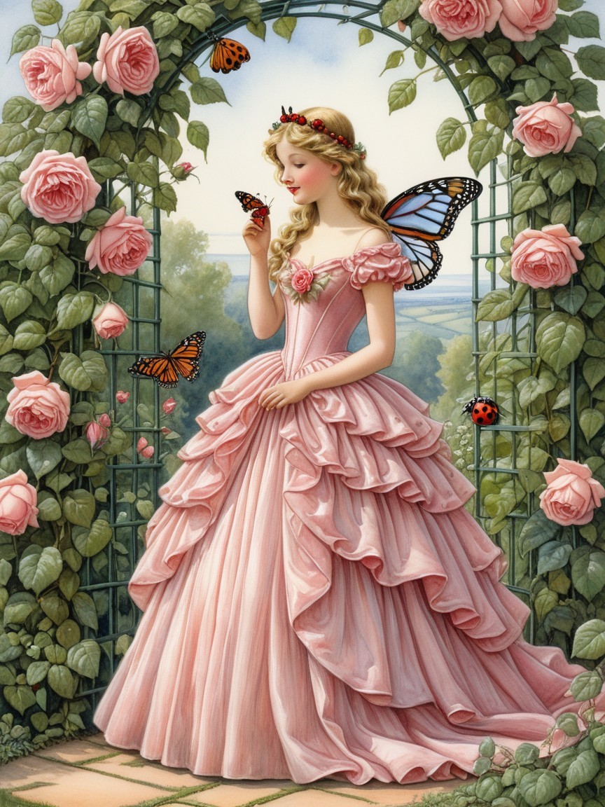 Young Woman in Pink Gown in Lush Garden Setting