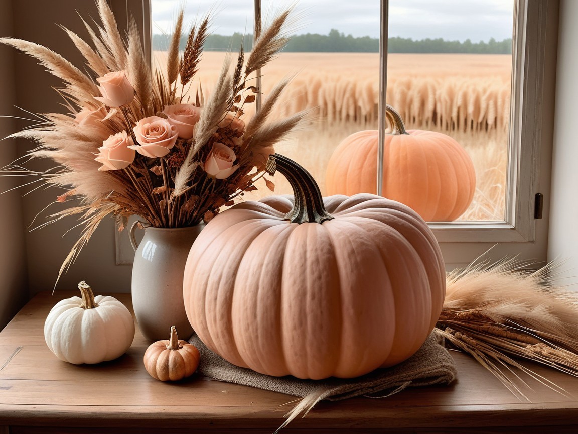 Cozy Autumn Scene with Pumpkins and Roses