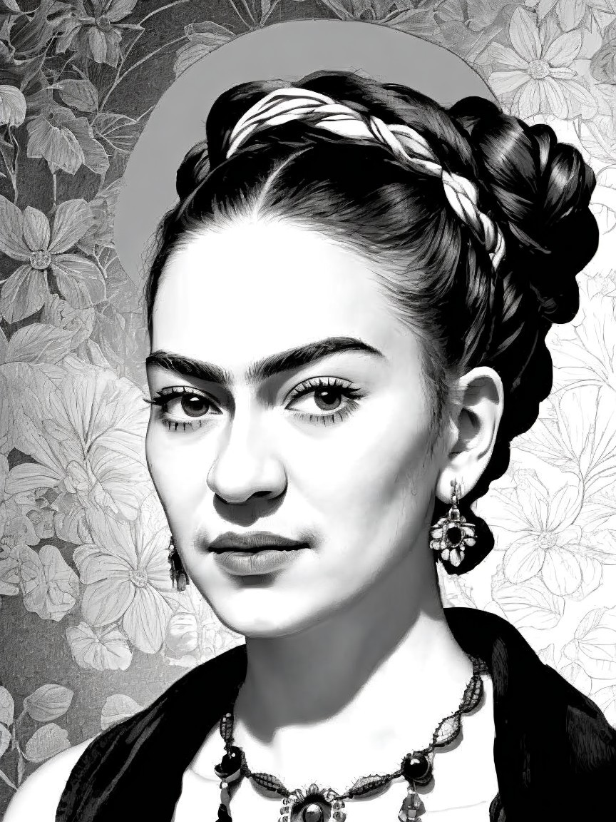 Black-and-white portrait of a woman with intricate hairstyle