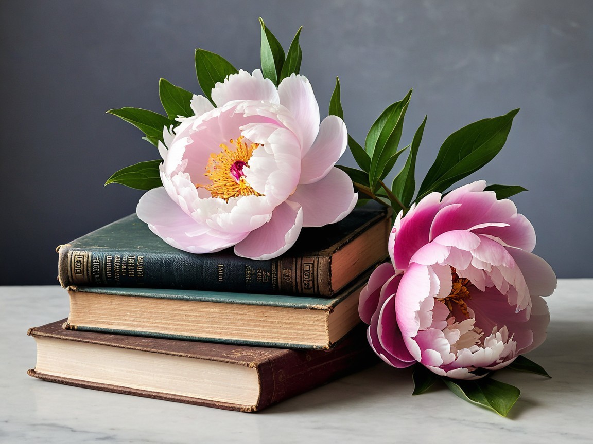 Pink Peonies on Vintage Books with Green Leaves