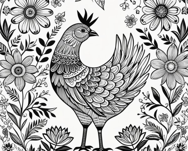 Intricate Black and White Illustration of a Chicken