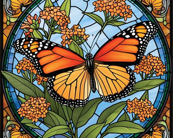 Vibrant Stained Glass Monarch Butterfly and Flowers