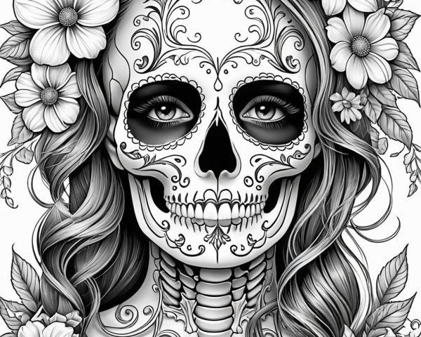 Intricate Day of the Dead Skull with Floral Designs