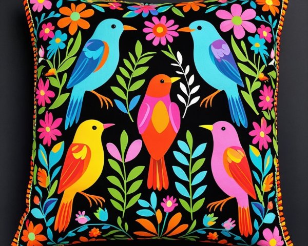 Vibrant Pillow with Stylized Birds and Floral Design